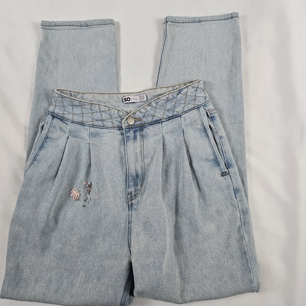 Vtg 90s High Waist Pleated Tapered Straight Ankle Jeans Jr's‎ 5 Embroidered
